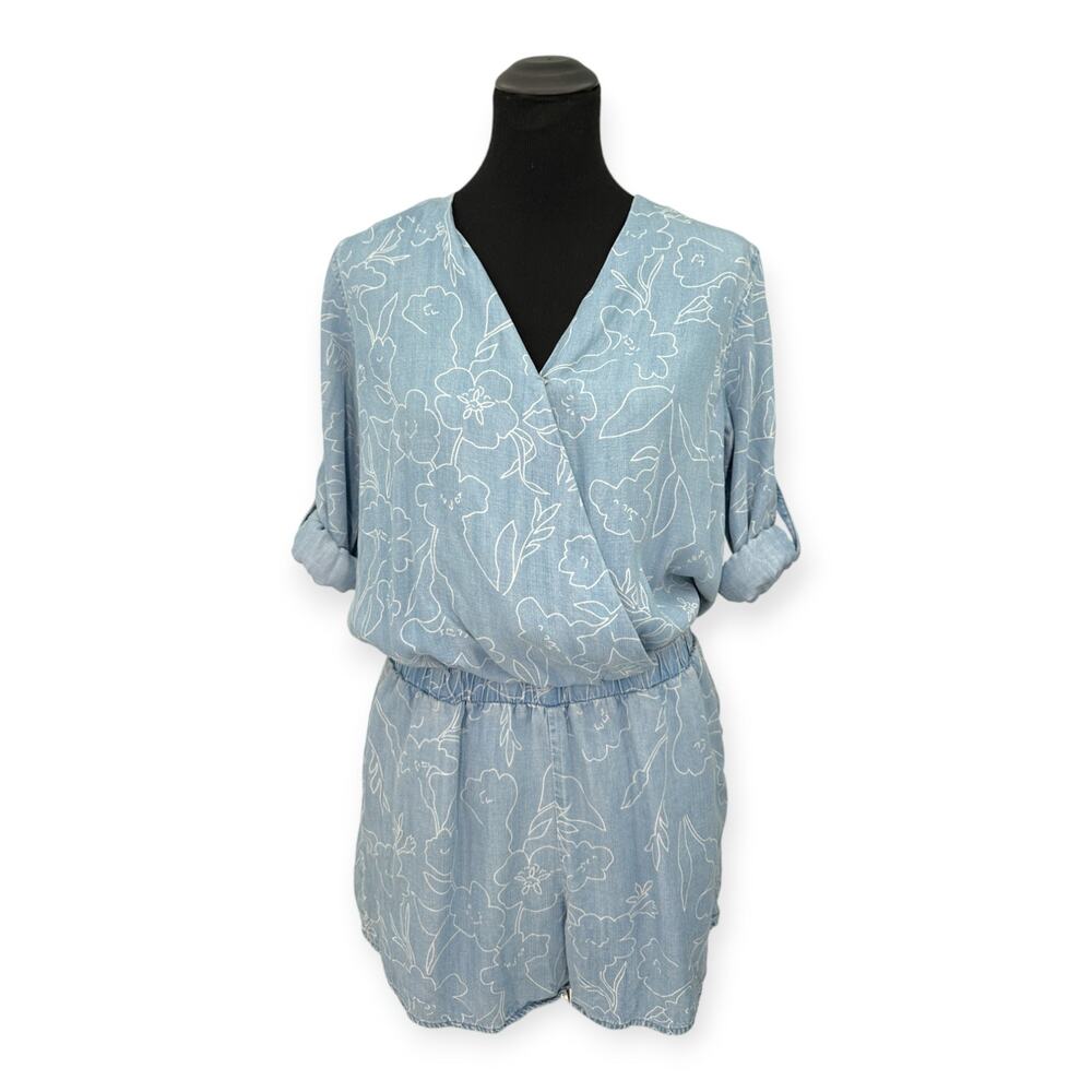 Cloth & Stone S Chambray Floral V-Neck Sleeve Romper Shorts Outfit Anthroplogie - Picture 3 of 8